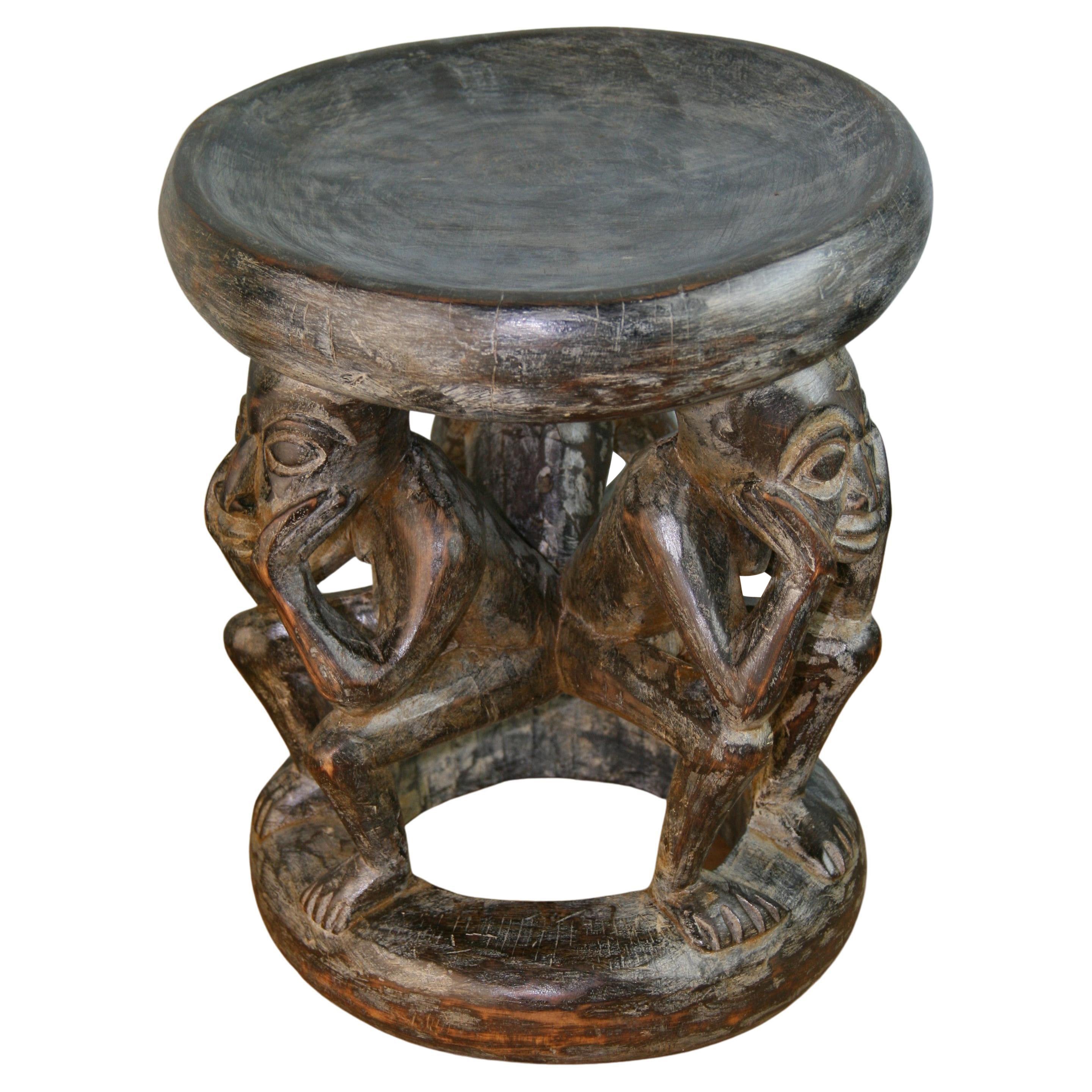 African Wooden Carved Stool Figural Group