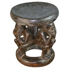 Retro African Wooden Carved Stool Figural Group