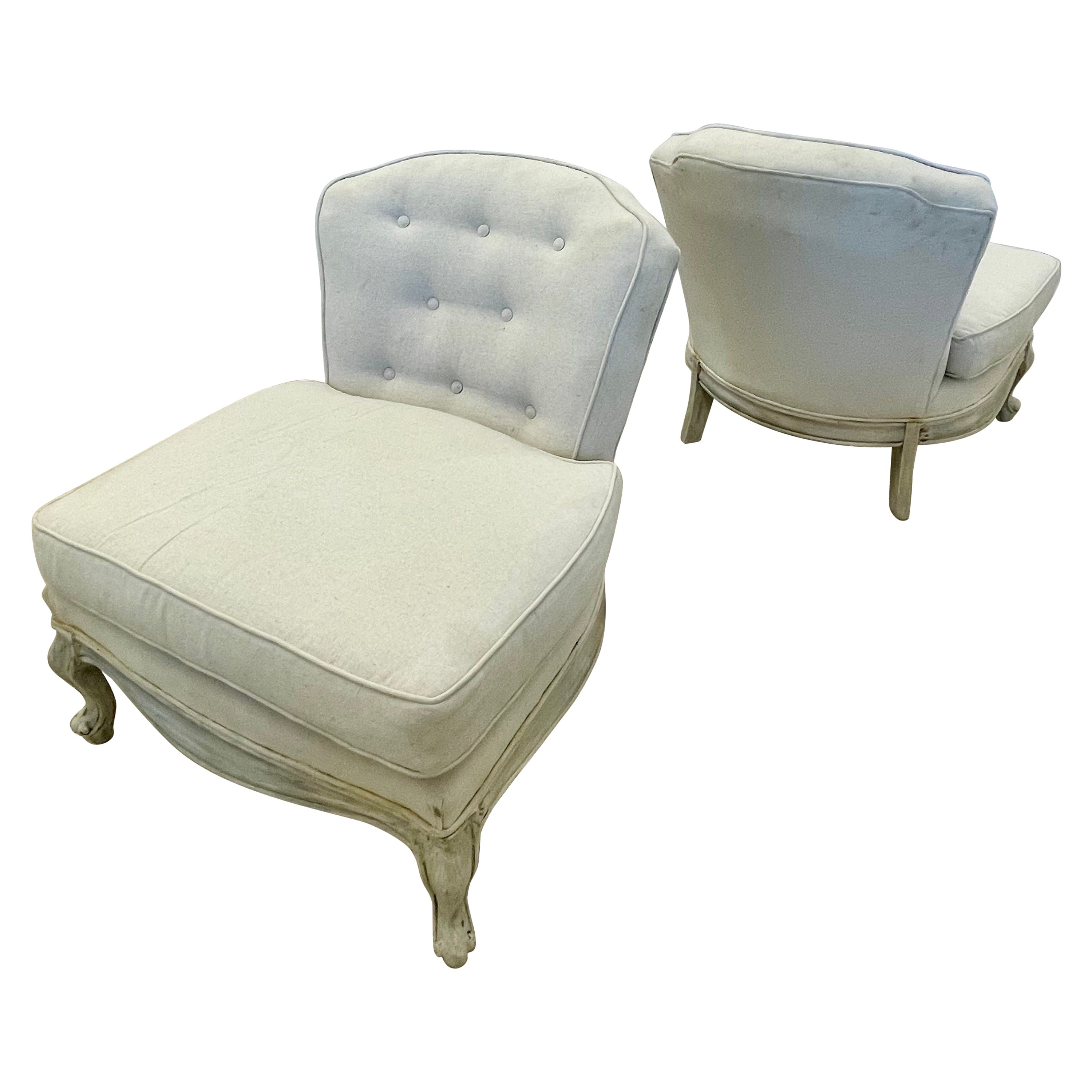 Pair Gustavian Style Slipper Chairs, Swedish Style Paint Decorated Chairs For Sale