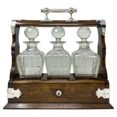 Antique English Oak & Silver Plate with Cut Crystal 3 Bottle Tantalus circa 1880