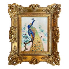 Antique German Framed Porcelain Plaque with Peacock, circa 1910-1920