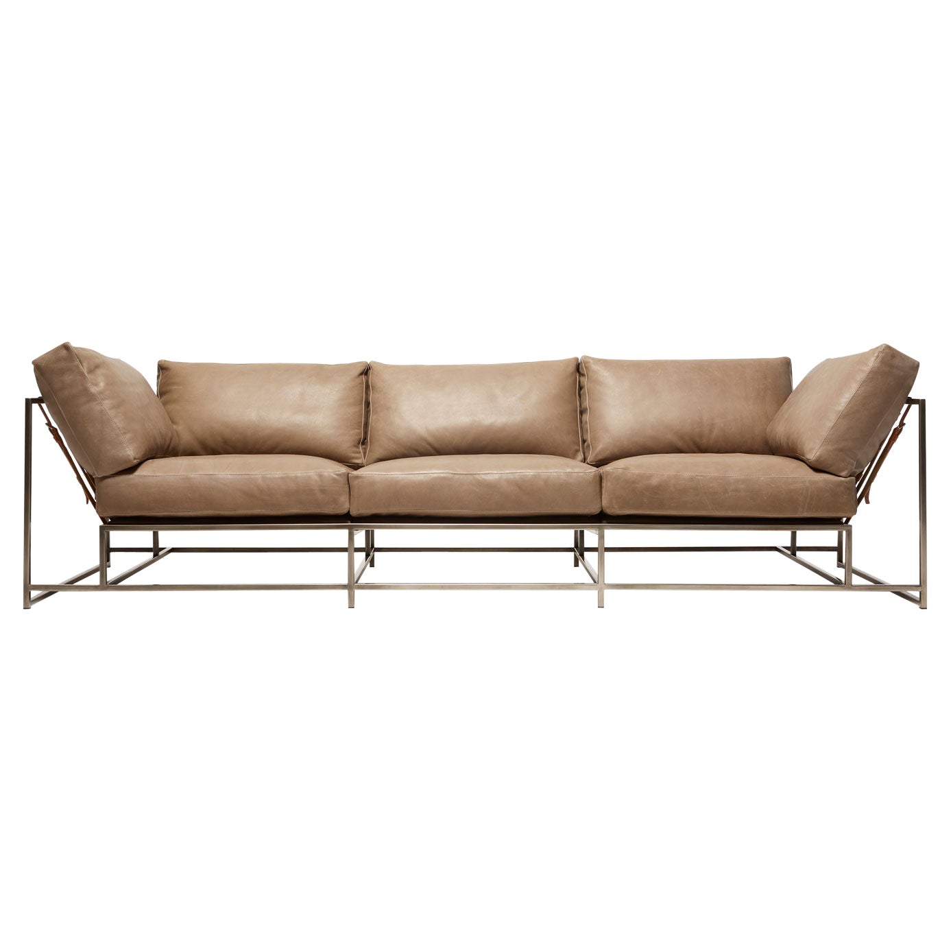 Pebbled Taupe Leather & Antique Nickel Sofa For Sale