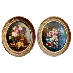 Pair Antique 19th Century French Oil on Canvas Floral Paintings, circa 1830-1860