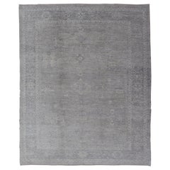 Hand Knotted Angora Oushak Turkish Rug in Shades of Gray, Ivory, and Silver
