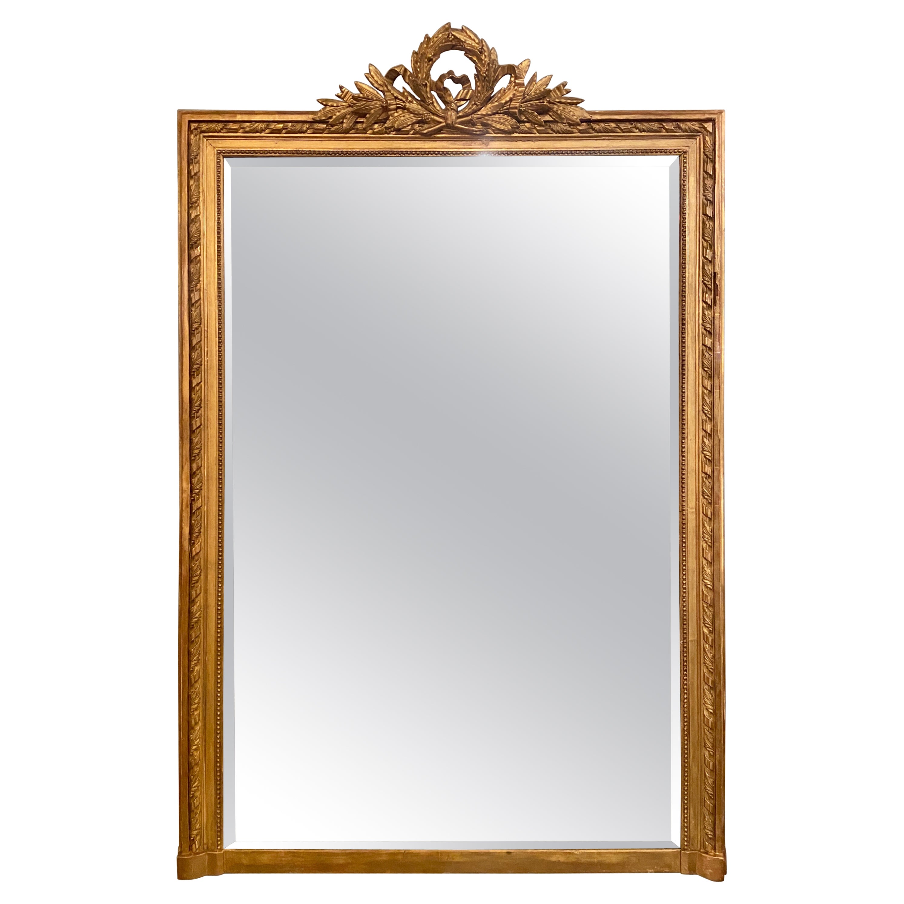 Antique French Louis XVI Gold Leaf Oval Beveled Mirror at 1stDibs