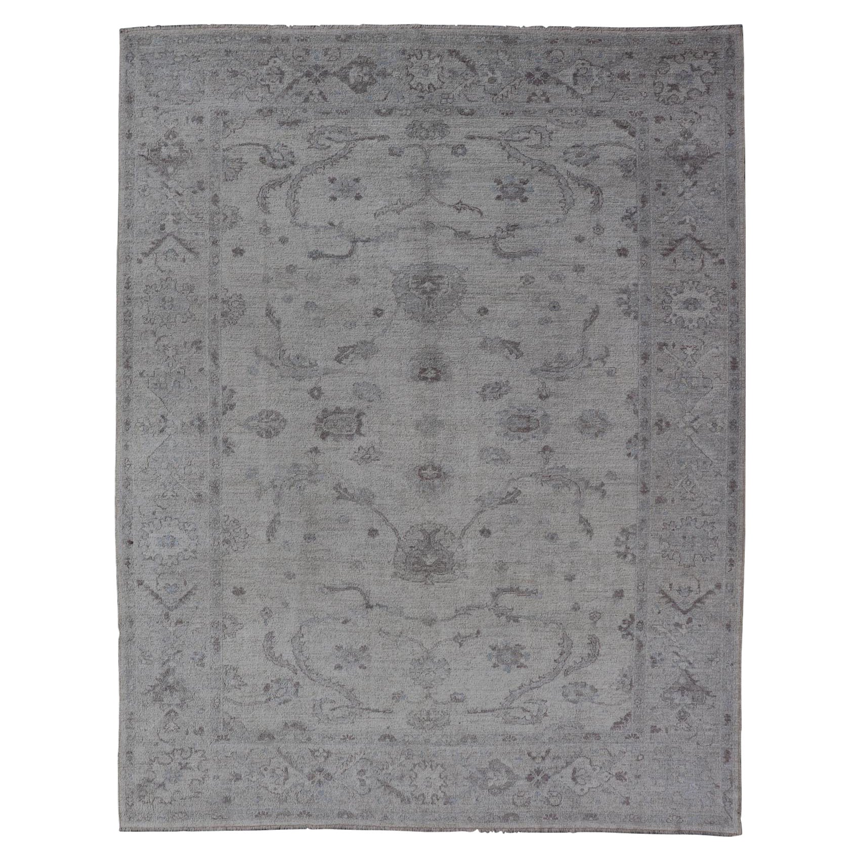 Angora Oushak Turkish Rug in Cream, Taupe, Silver, Light Brown Light Blue Colors For Sale