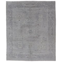 Hand Knotted Angora Oushak Turkish Rug in Shades of Gray, Ivory, and Silver