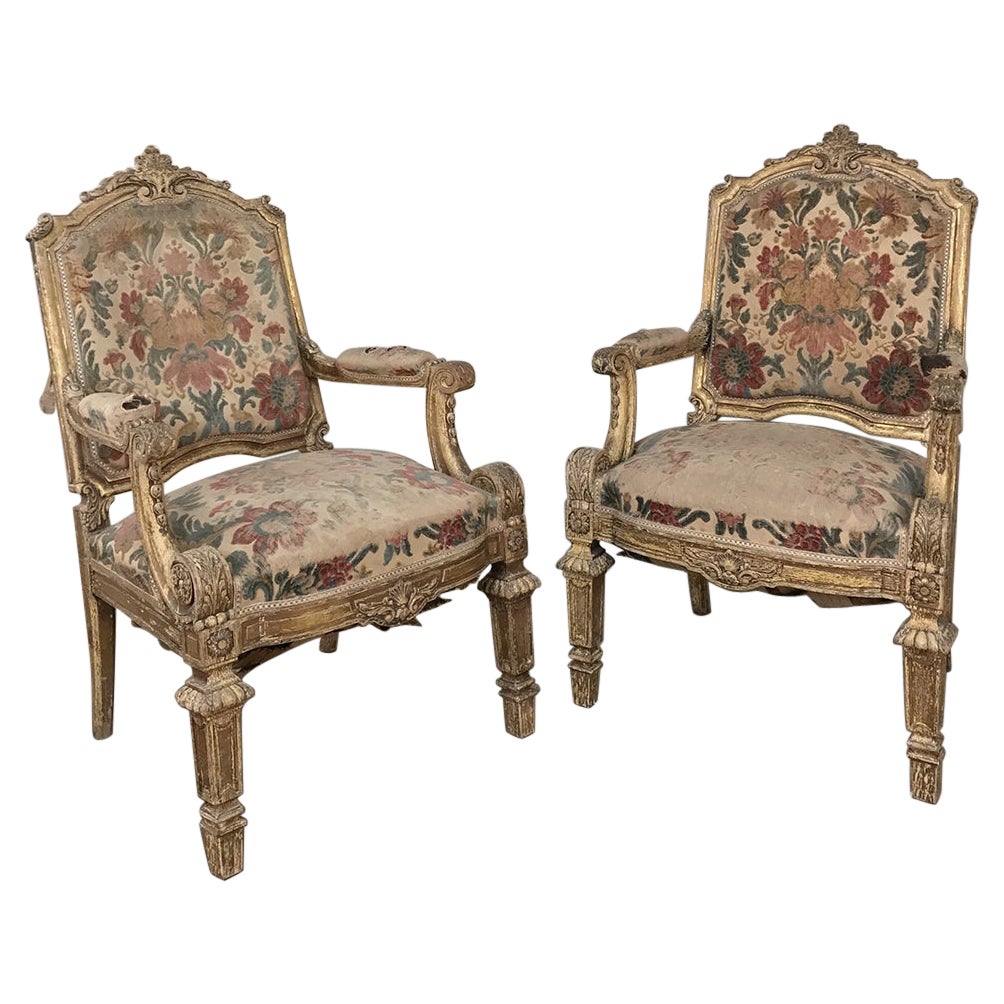 Pair 19th Century French Louis XIV Gilded Armchairs For Sale