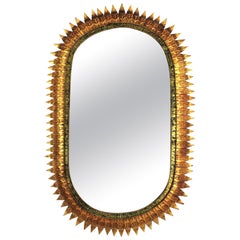Large Sunburst Oval Mirror with Gilt Iron and Green Frame