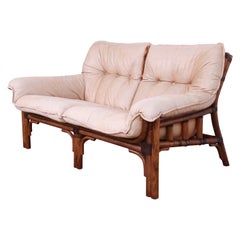 Retro Mid-Century Organic Modern Bamboo and Leather Loveseat Attributed to McGuire