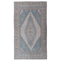 Large Vintage Turkish Oushak Rug with Central Medallion in Blue and Cream