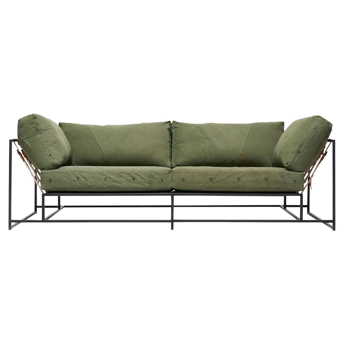 Vintage Military Canvas and Blackened Steel Two-Seat Sofa For Sale