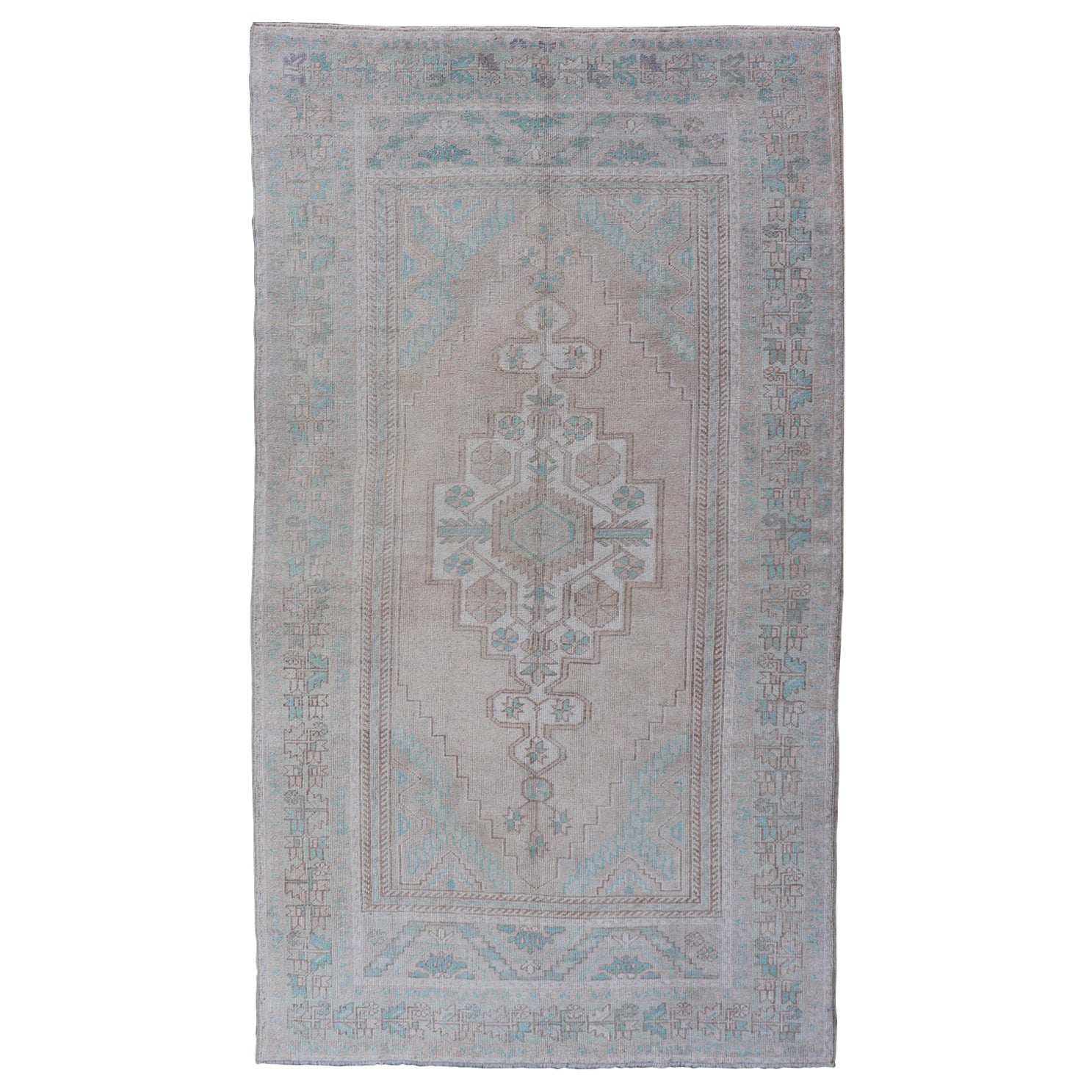 Vintage Turkish Medallion Oushak Area Rug in Tan, Taupe, Pink, and Green For Sale