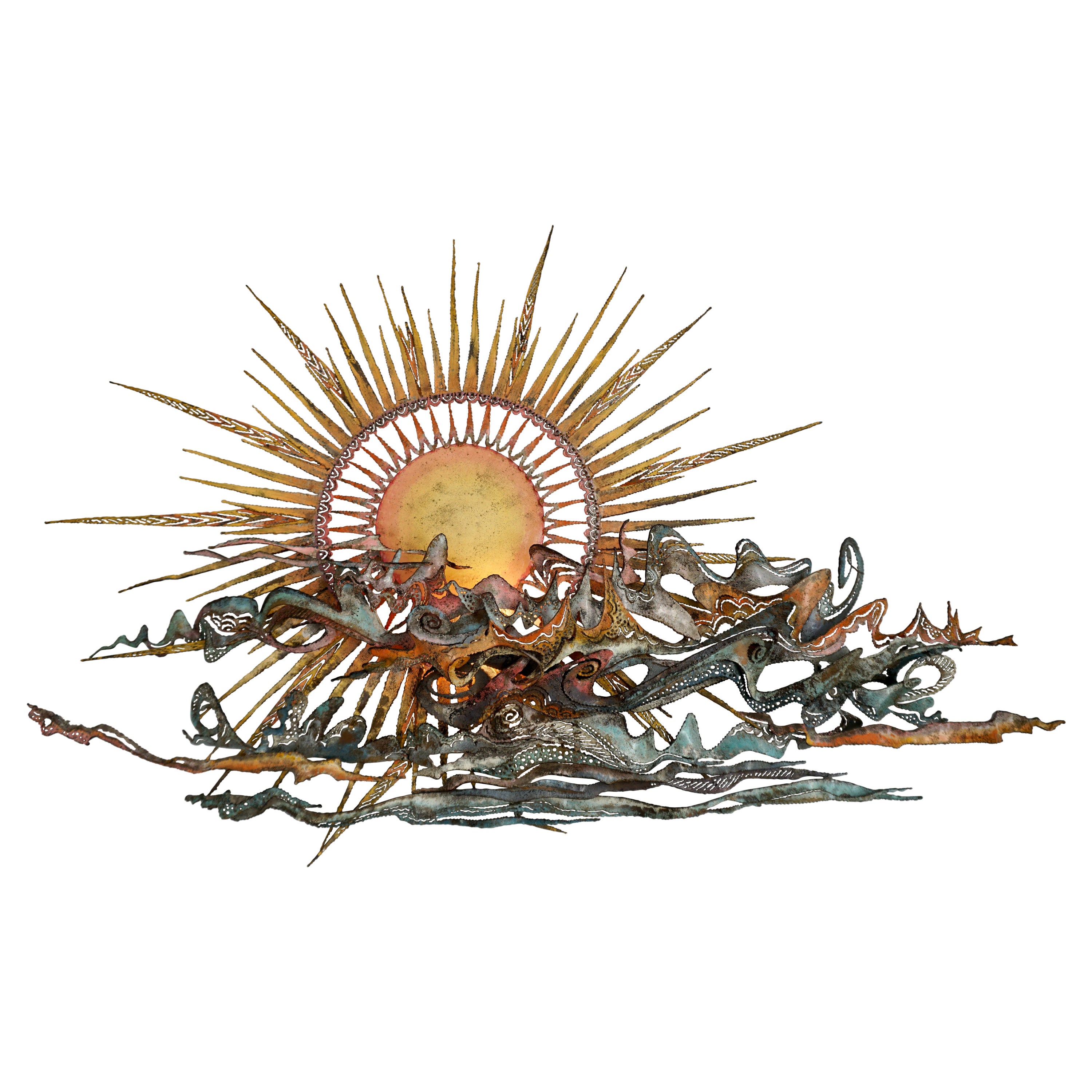 Metallskulpturaler Wandleuchter „Sun“ aus Metall von Muriel Borghes im Angebot