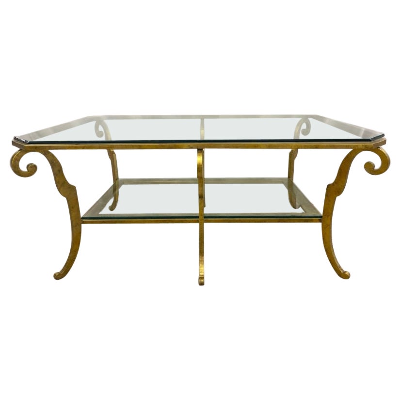 Neoclassical Style Large Gilt Metal Frame Coffee Table, Glass Top, French For Sale