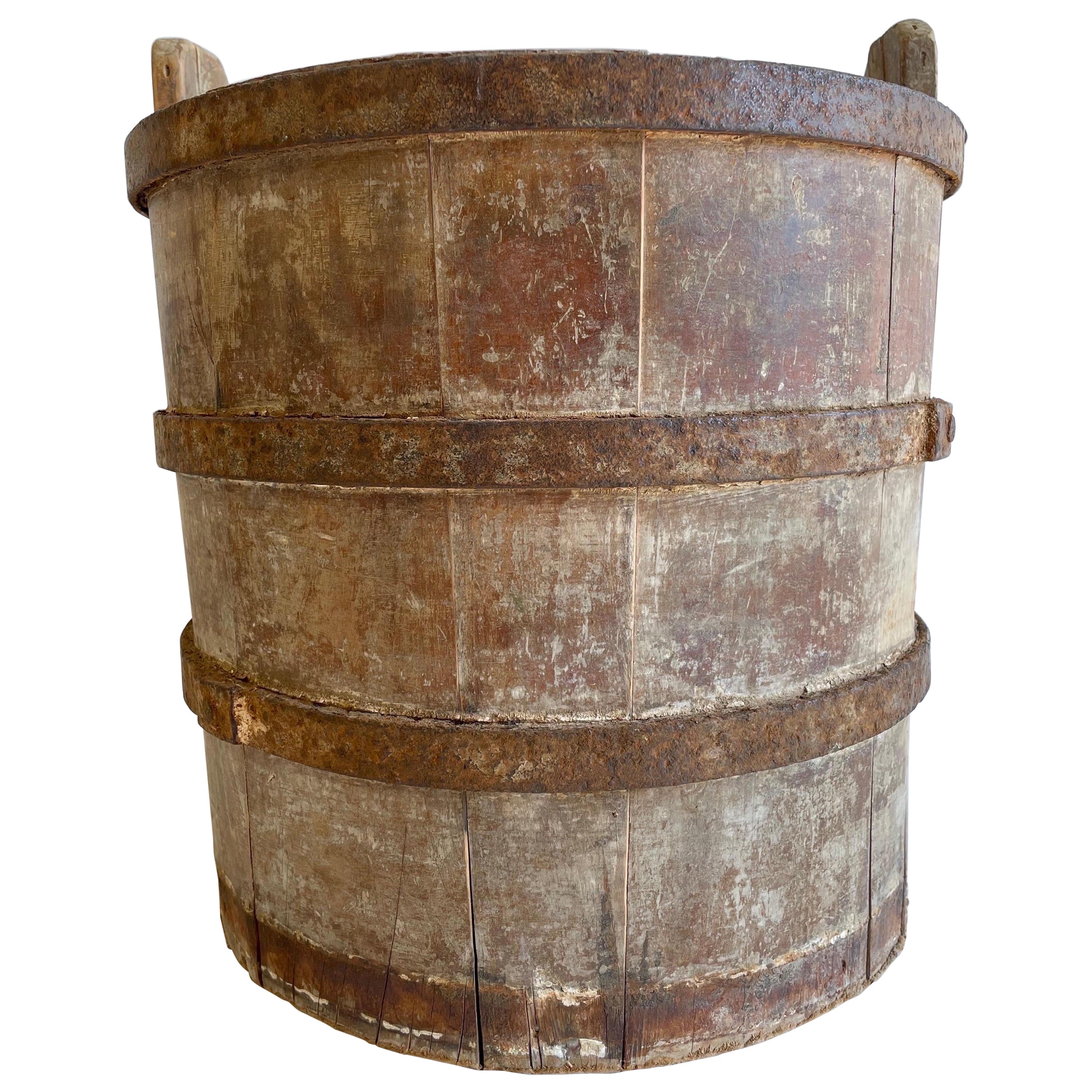 Vintage Weathered Cypress Wood Garden Buckets with Handle For Sale at