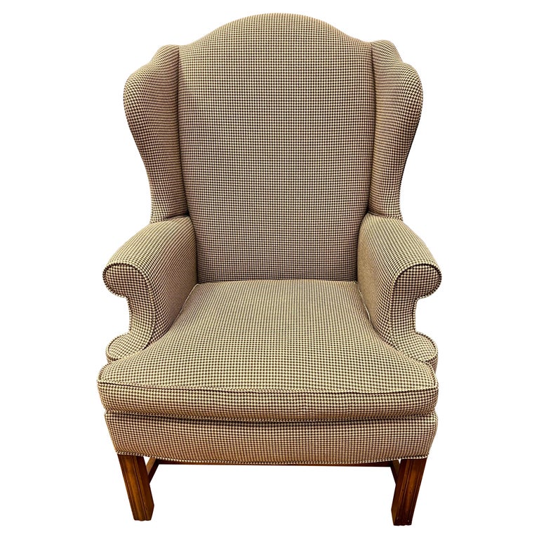 Mahogany Wingback Reading Chair with Houndstooth Upholstery at 1stDibs
