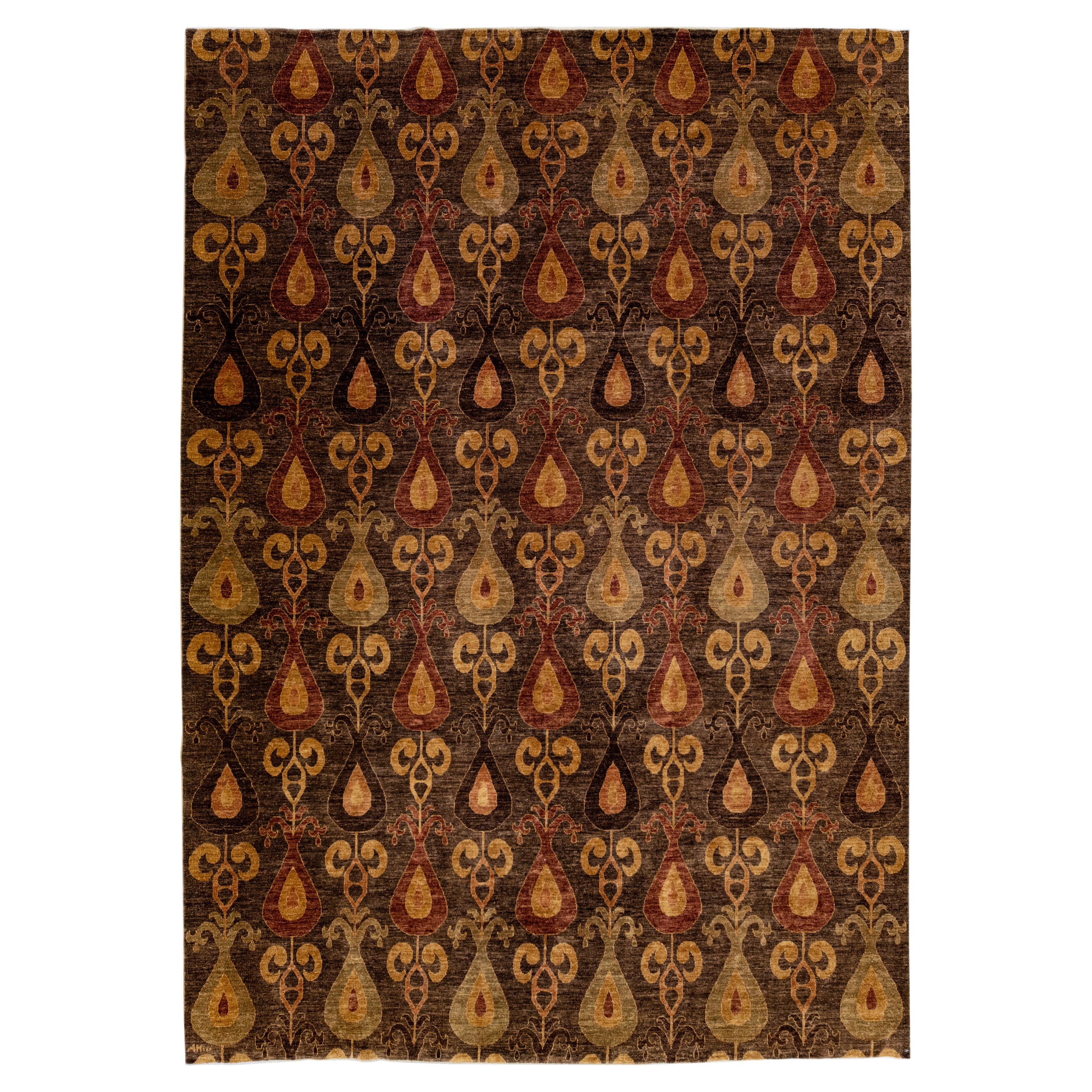 Brown Modern Ikat Handmade Geometric Pattern Designed Wool Rug For Sale