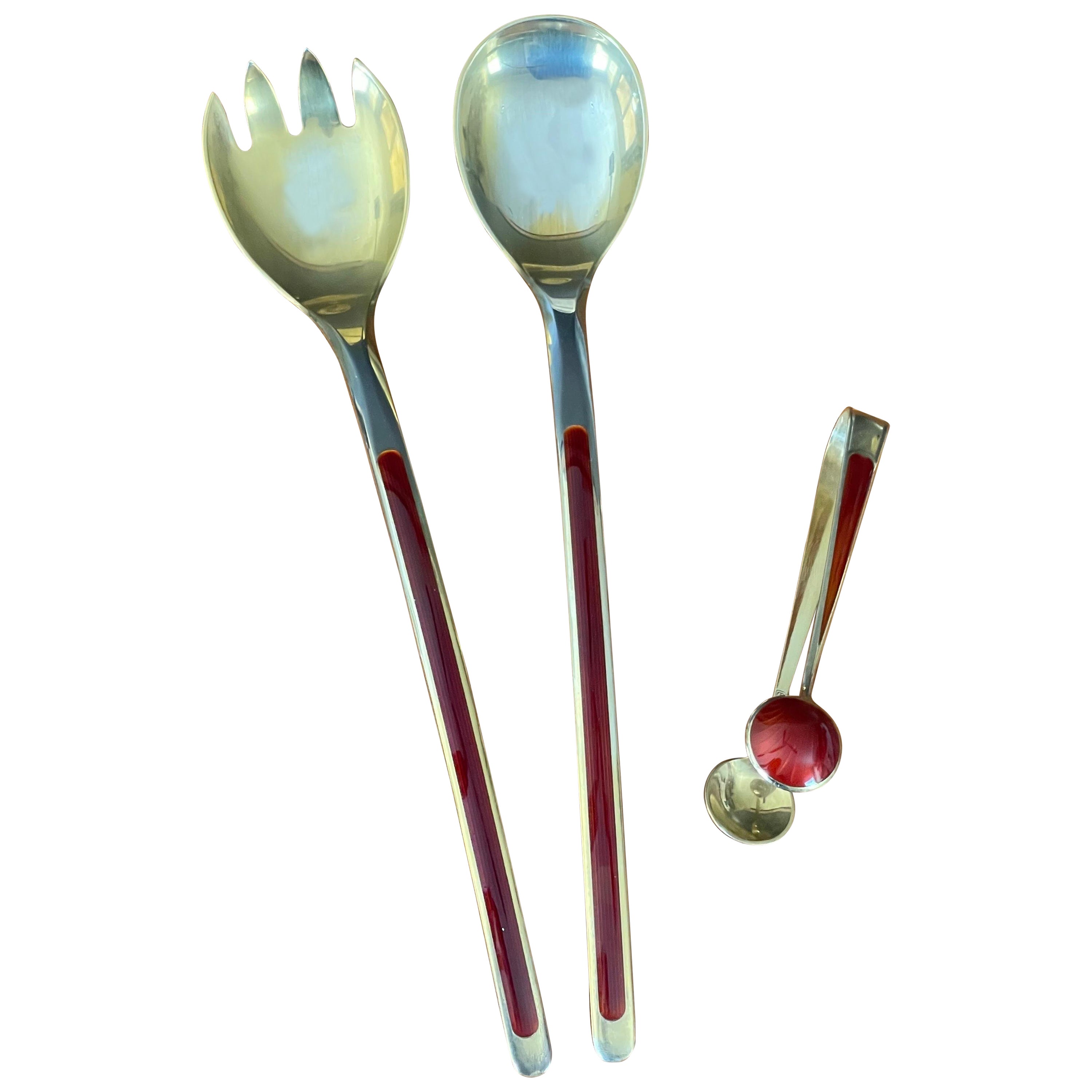 MCM Stylized Set of Salad Servers in Sterling Silver and Enamel by N.M. Thune For Sale