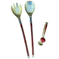 MCM Stylized Set of Salad Servers in Sterling Silver and Enamel by N.M. Thune