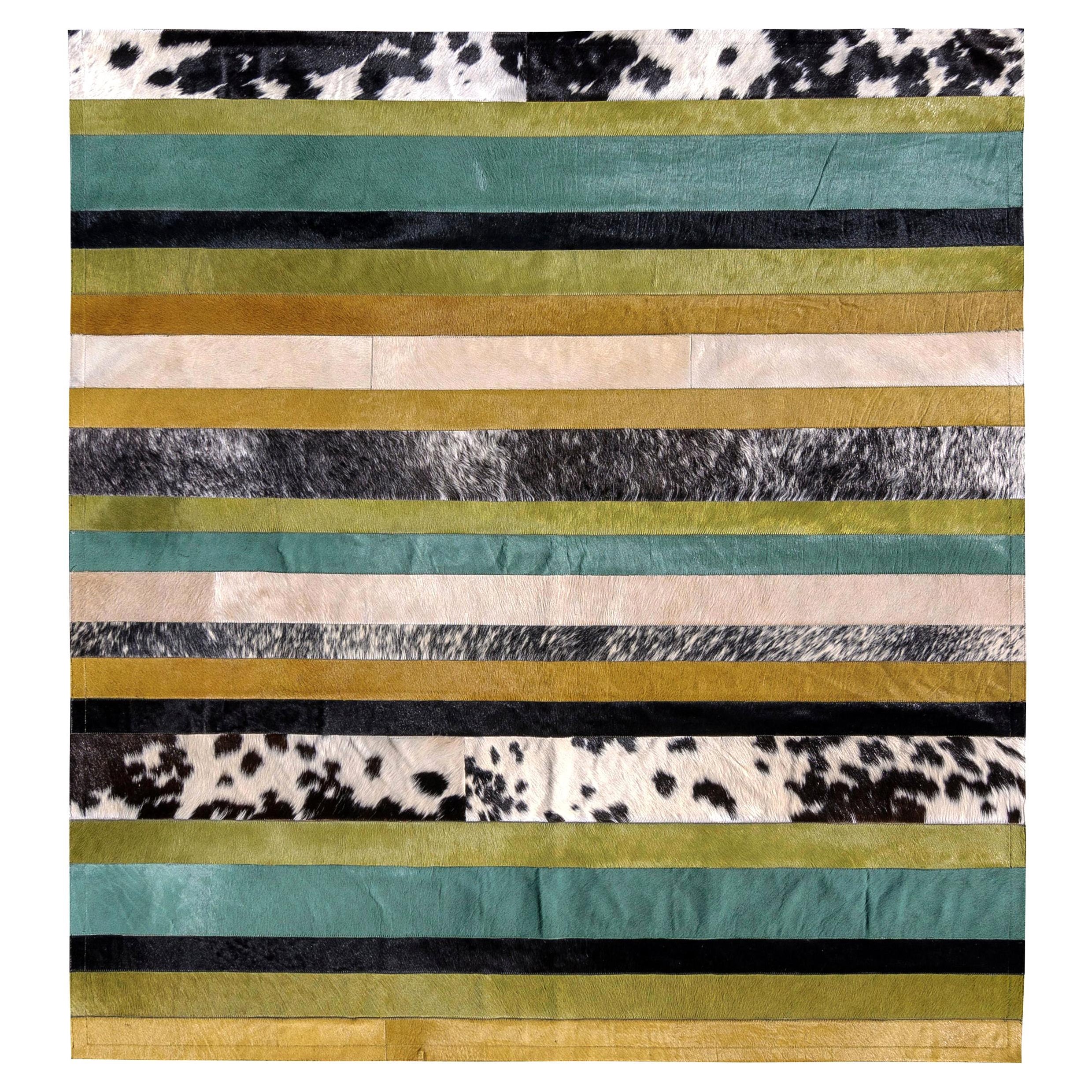 Green Ochre and White Stripes Nueva Raya Customizable Cowhide Area Rug XX-Large For Sale