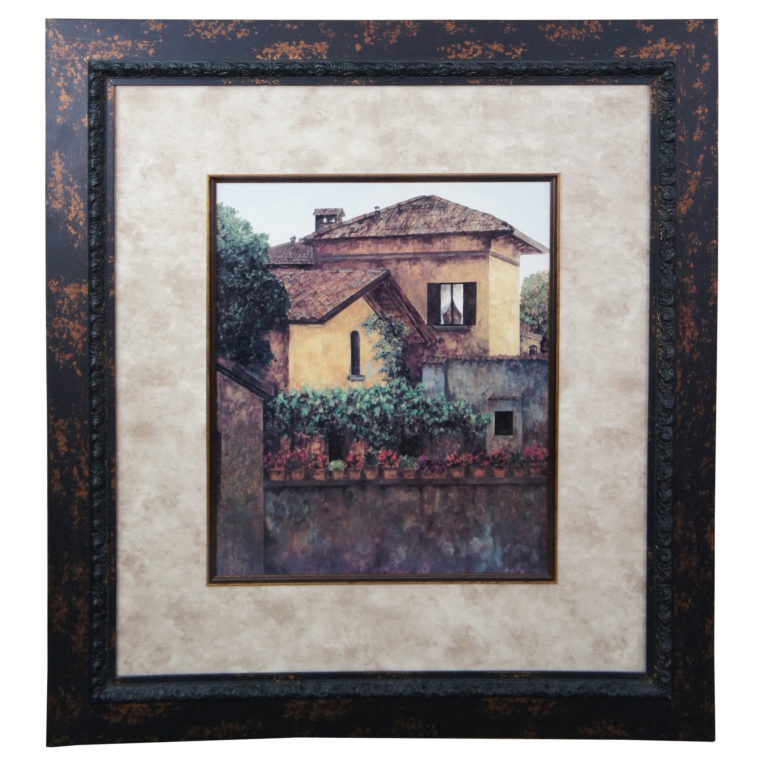 Baldwin Art Group - Vintage - Imprimé toscan italien encadré - Villa dorée - Italie en vente
