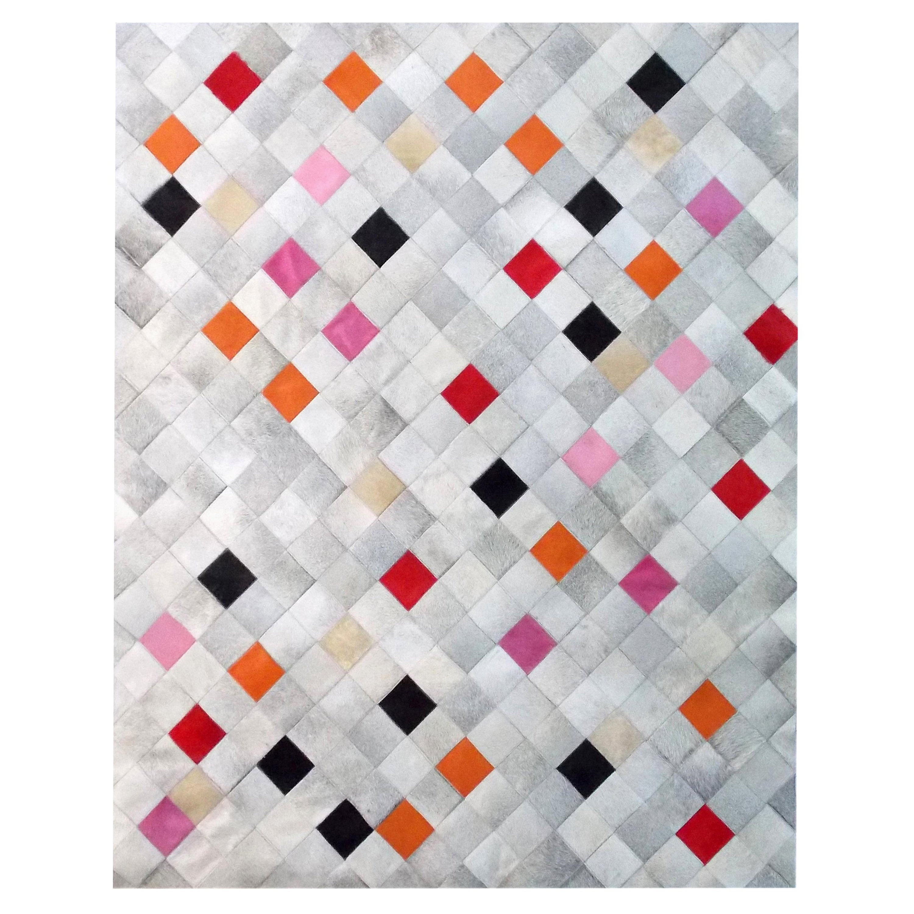 Pink, Orange Black Falling Squares Cowhide Area Floor Rug XX-Large For Sale