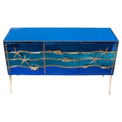 Vintage Blue Glass Sideboard with Bronze Aquatic Decoration, Murano, Around 2000