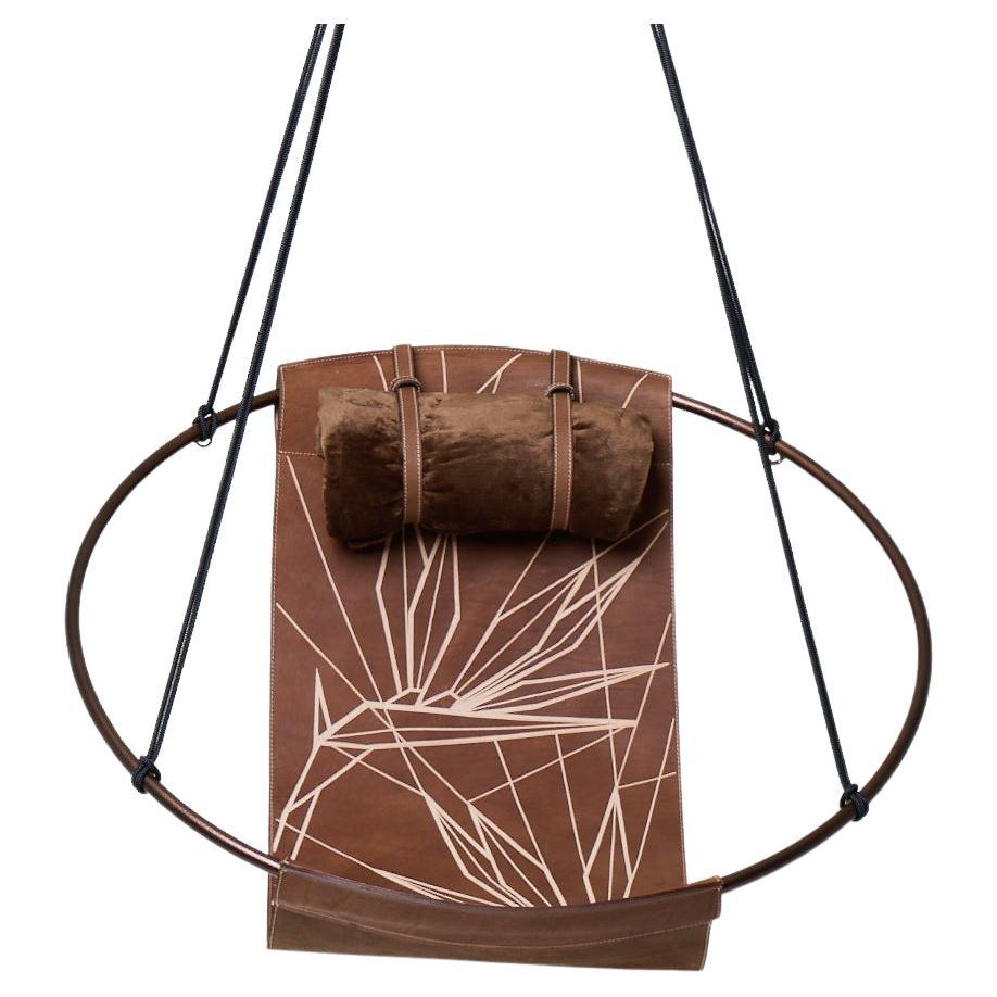 Minimal Modern Sling Hanging Chair Strelitzia Carved into Genuine Leather For Sale