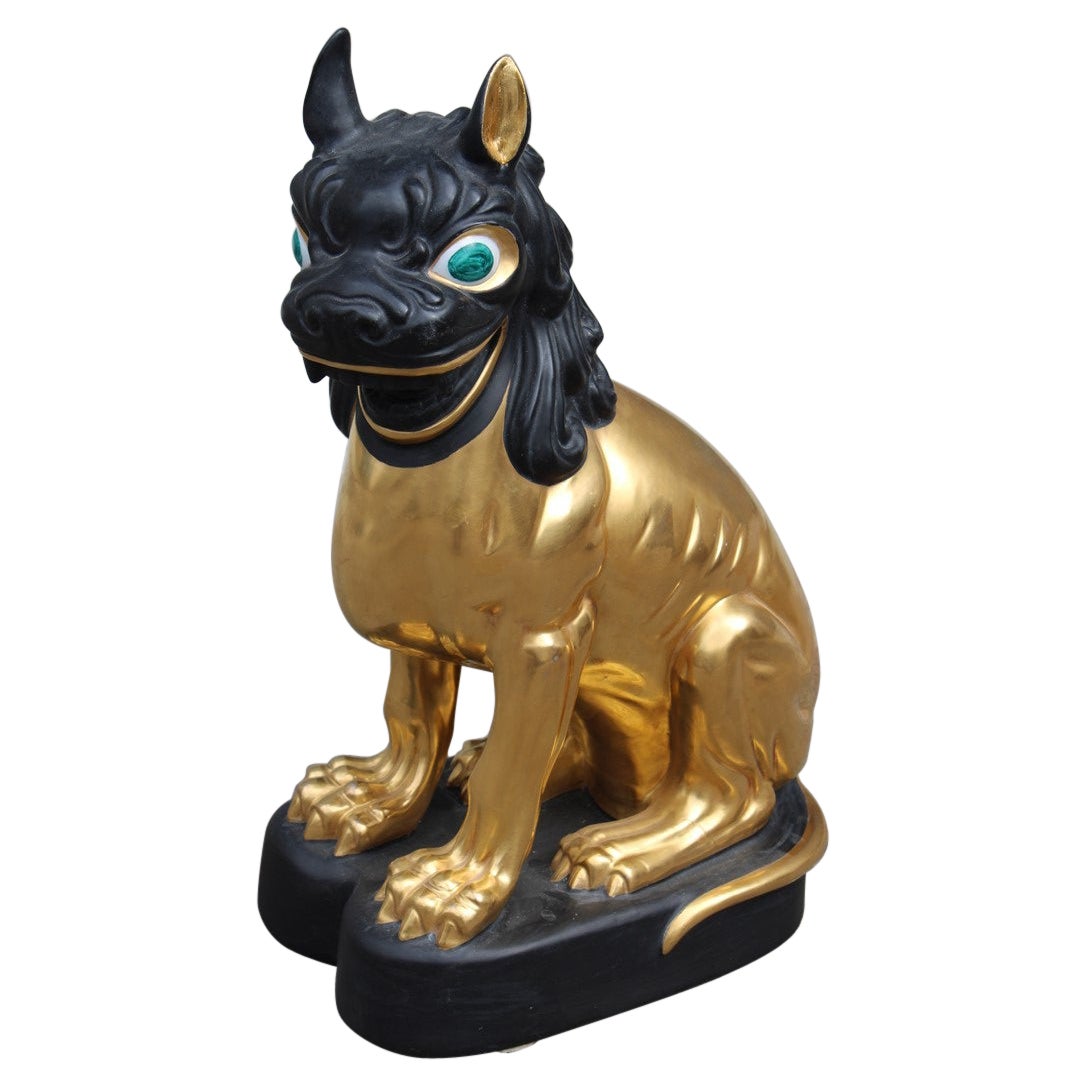 Chinese Lion in 24kt Black Gold Porcelain Florentine Manufacture Tuscany, 1970s  For Sale