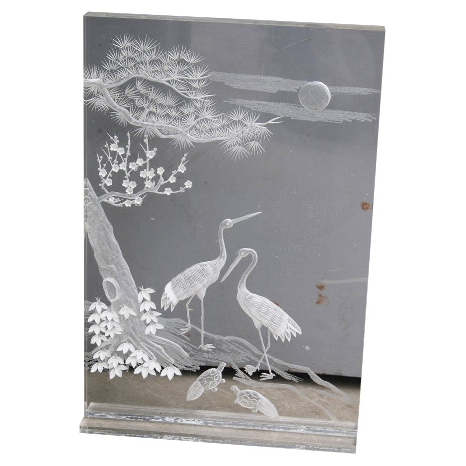 Sculpture Carved on Plexiglass with Engraving Italian Design 1970 Herons and Tre For Sale