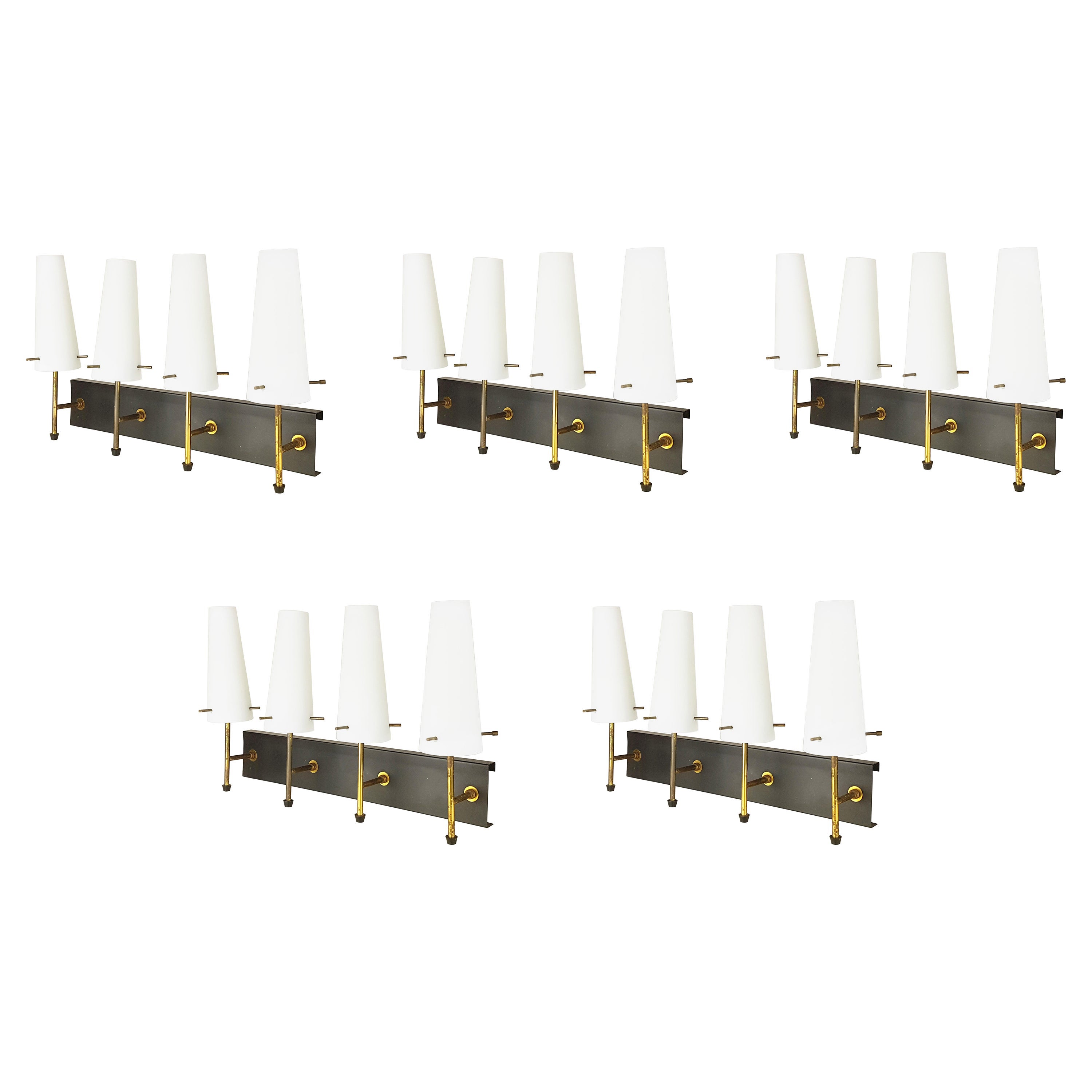 Black Metal, Brass & Opaline Glass Shades 4-Light Wall Lamps, Set of 5 For Sale