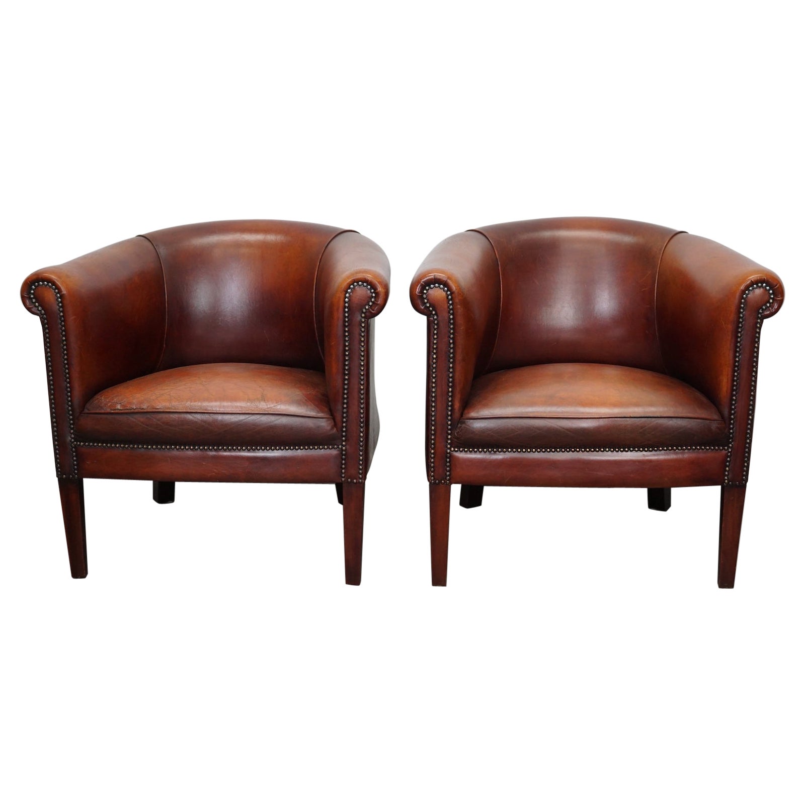 Vintage Dutch Cognac Leather Club Chairs, Set of 2