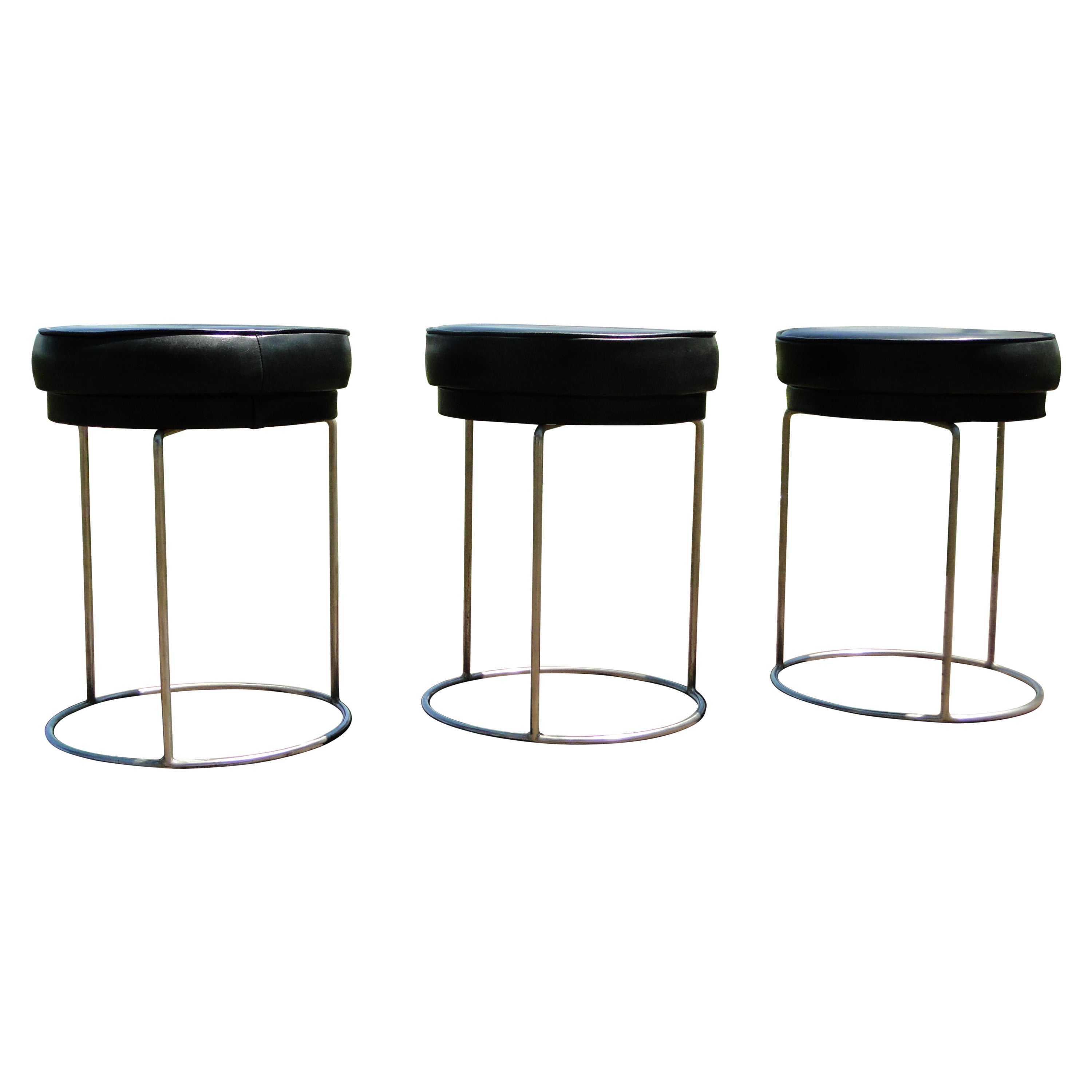 Jacques Adnet Style Vintage French Mid Century Leather and Metal Stools set 3 