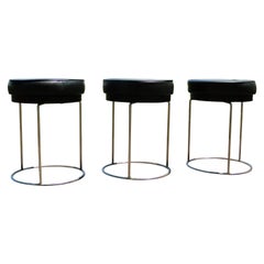 Vintage French Mid Century Leather and Metal Stool Stools set 3 Adnet