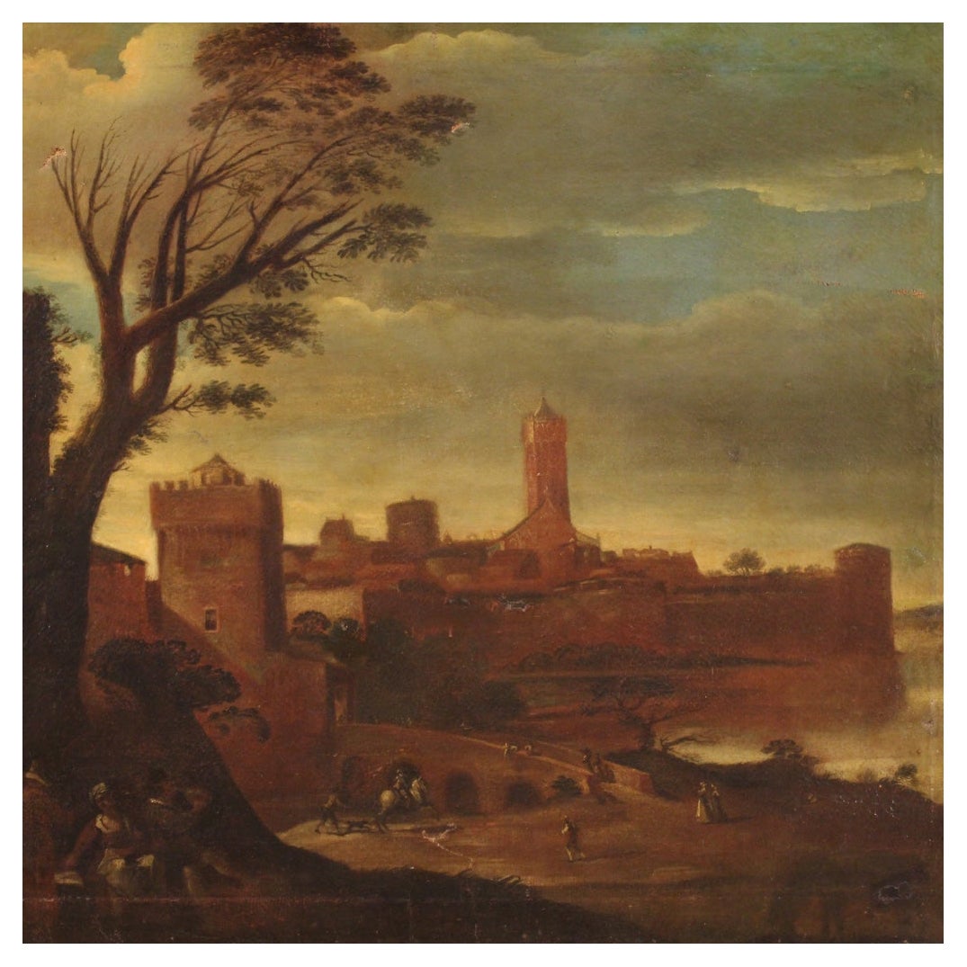 17th Century Oil on Canvas Italian Antique Landscape Painting, 1680