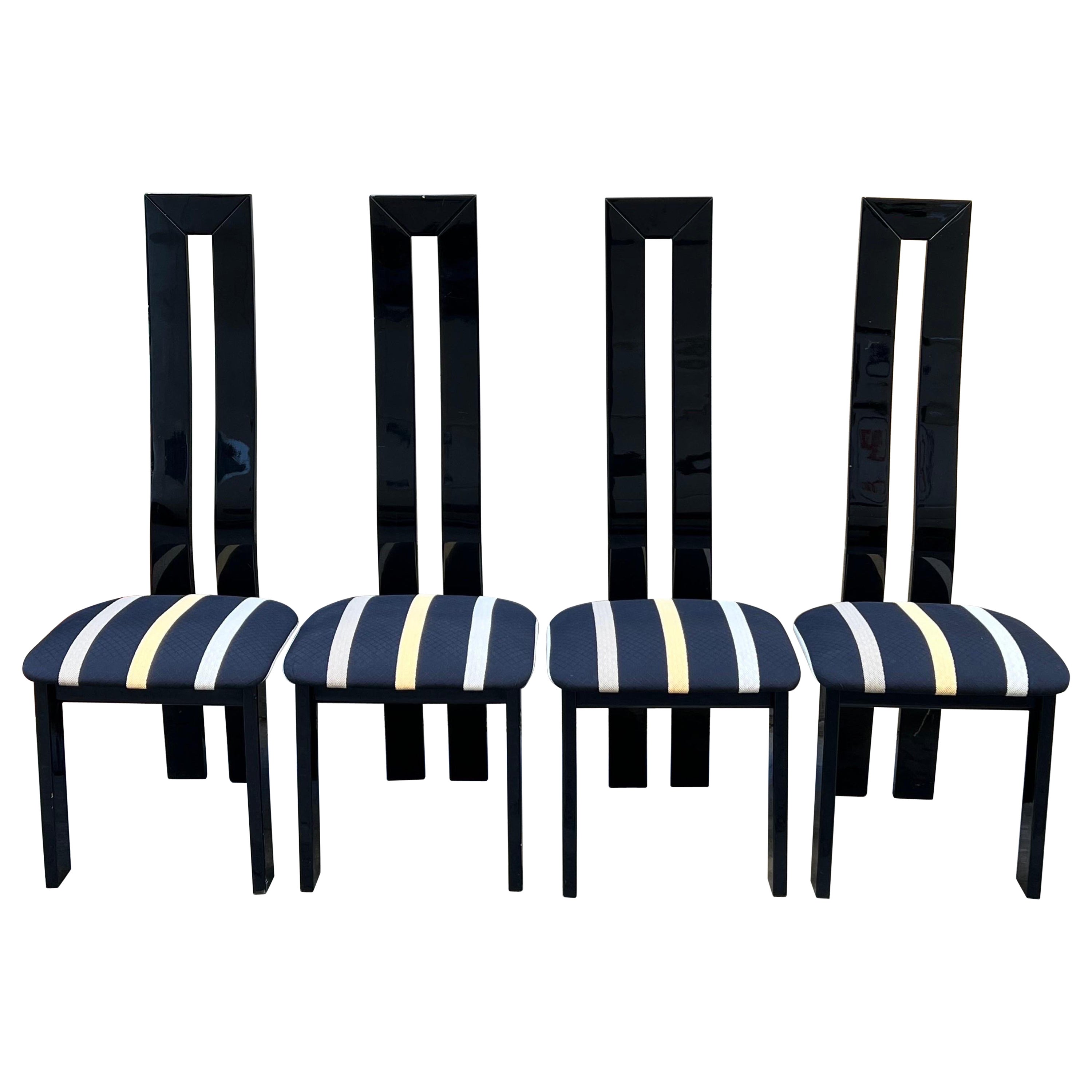 Set of 4 Italian Black Lacquered High Back Dining Chairs Striped Seat, 1970s