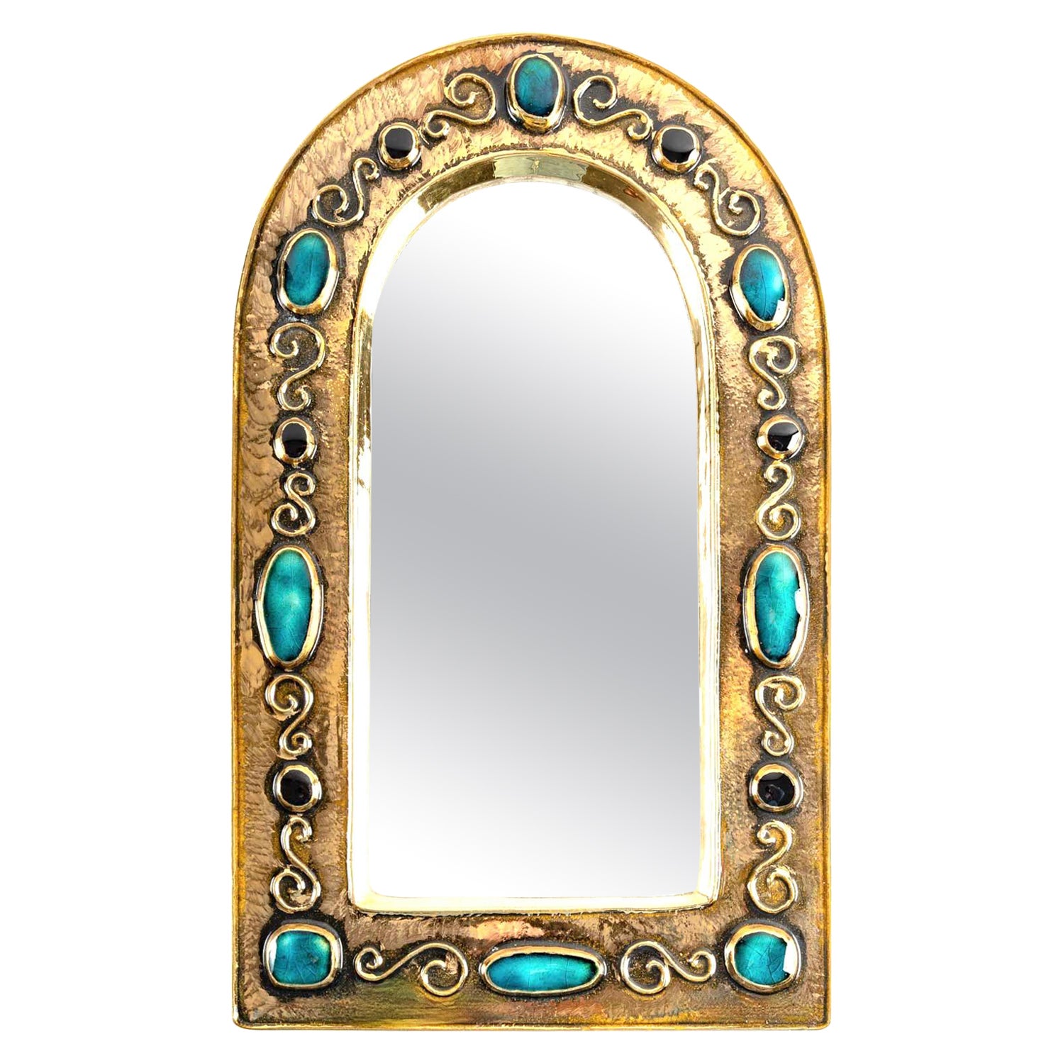 1970 François Lembo Mirror, Ceramic, Jeweled, Gold, Turquoise, Black, Signed