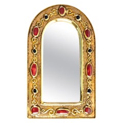 1970 François Lembo Mirror, Ceramic, Jeweled, Gold, Rubis, Black, Signed