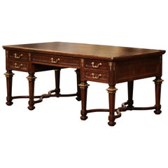19th Century French Louis XIV Leather Top Carved Parquetry Oak Eight-Leg Desk