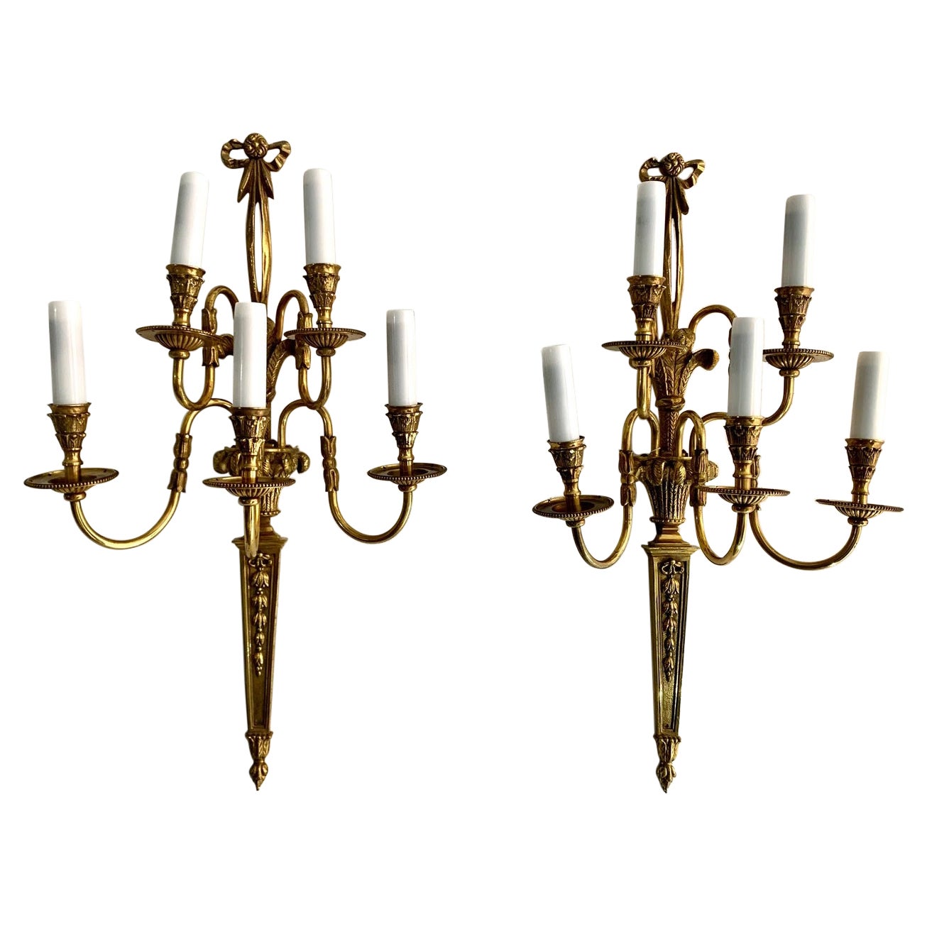 Pair of 20th Century Louis XVI Style Gilt Bronze Five Lights Wall Sconces