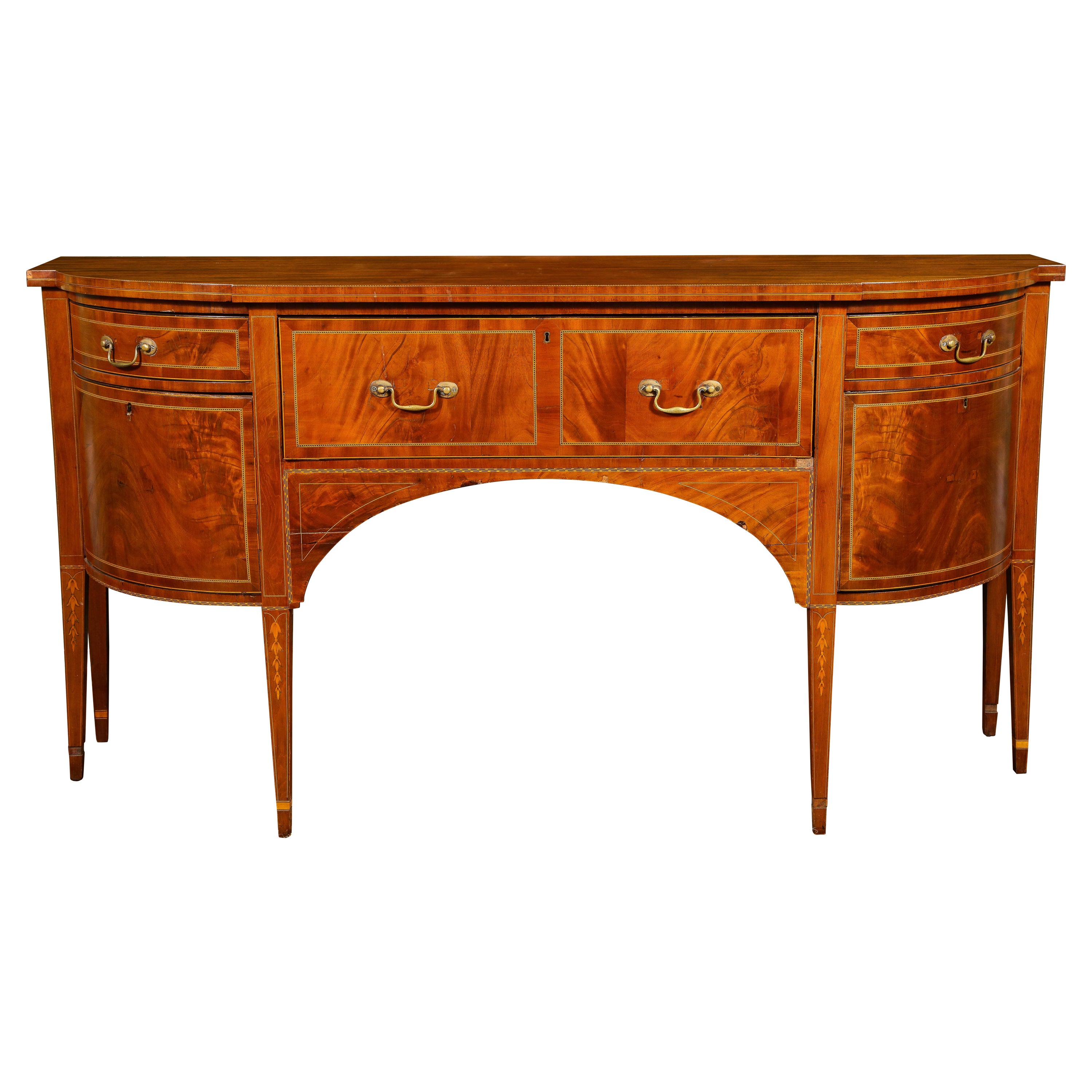 19th Century George III Style Parquetry Inlaid Bowfront Mahogany Buffet For Sale