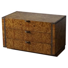 French Modern Burl Wood Chest, Brass Handles, Jean Claude Mahey, Made in 1970s