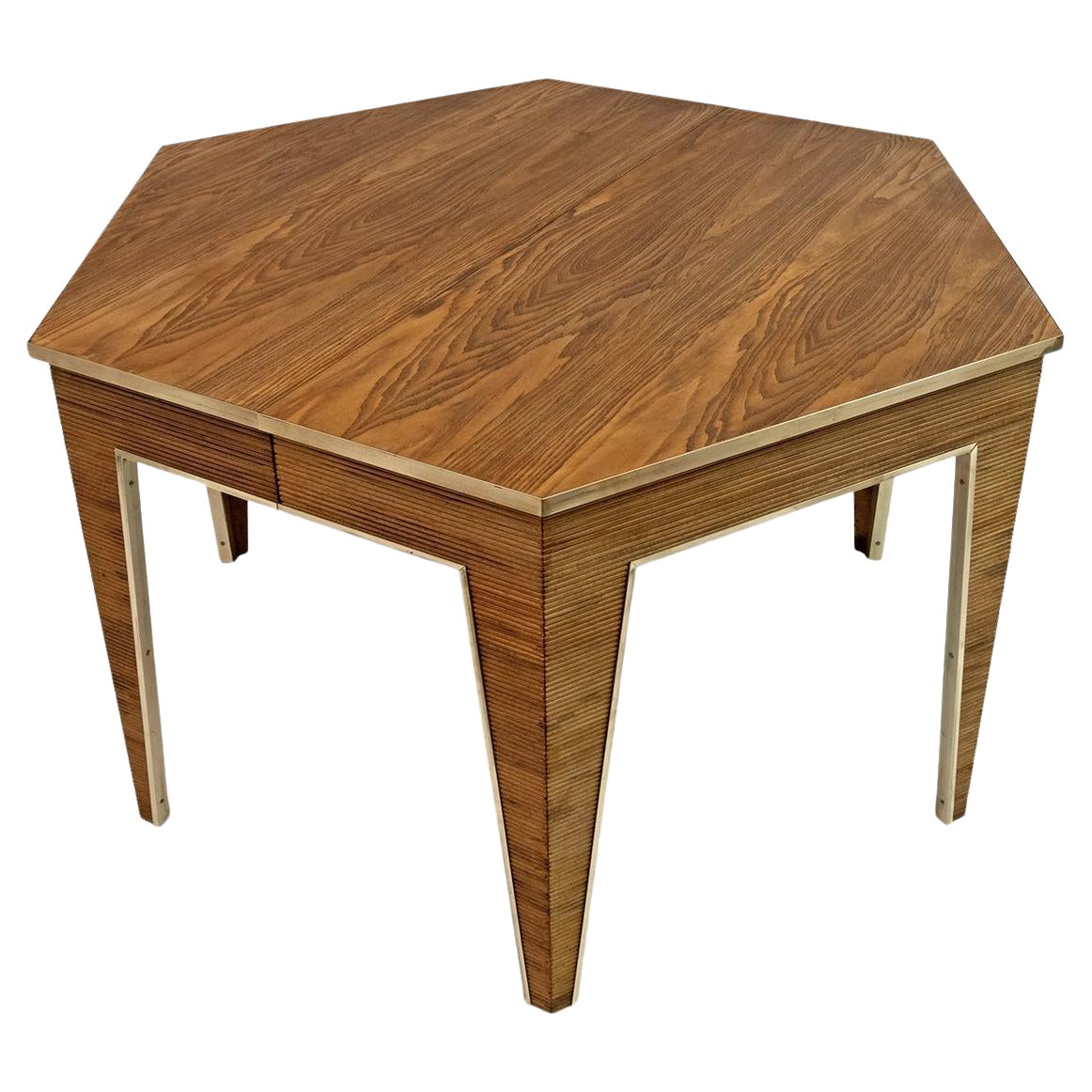 Mid-Century Wood and Brass Extendable Dining Table, 1970s