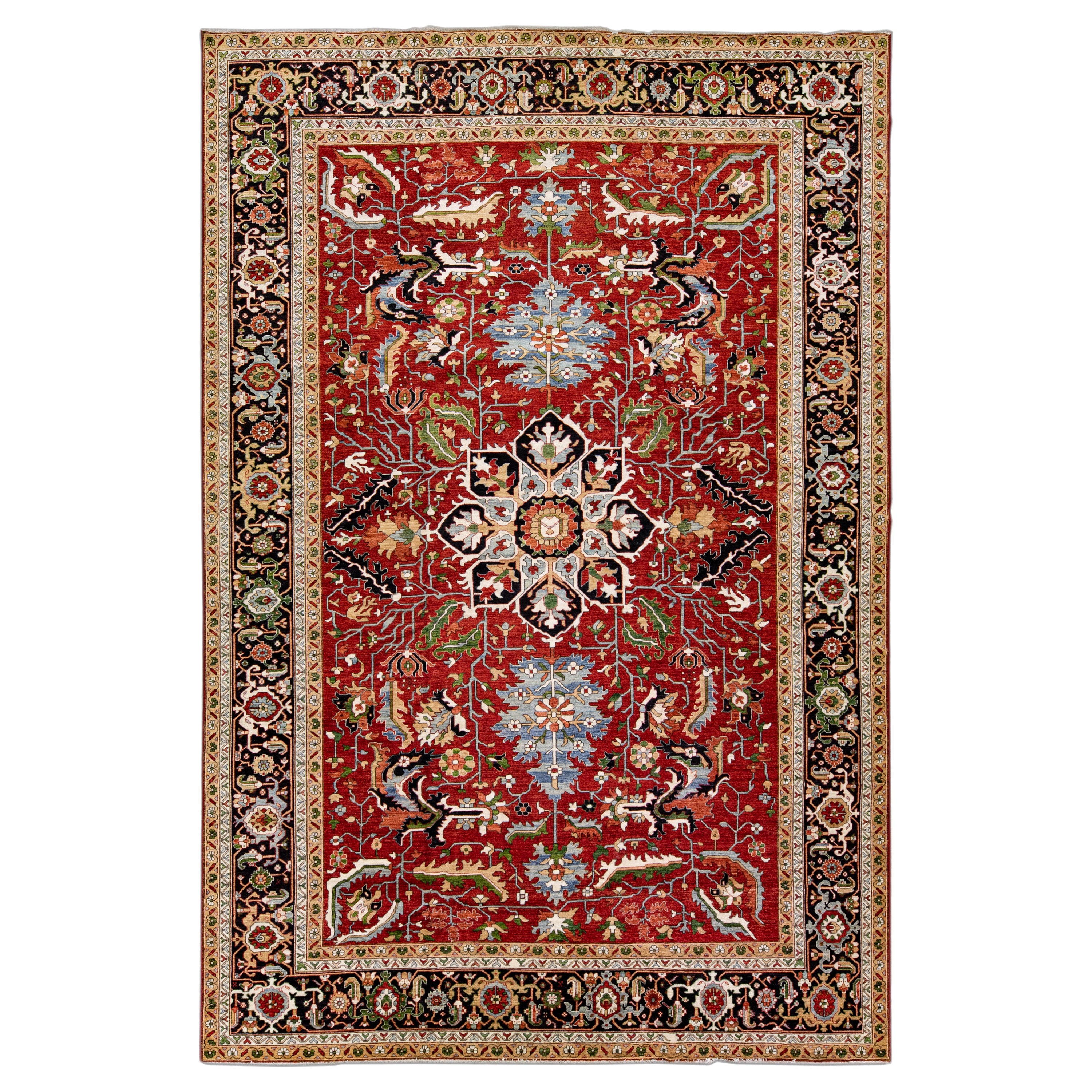 Modern Heriz Style Handmade Medallion Blue and Tan Oversize Wool Rug