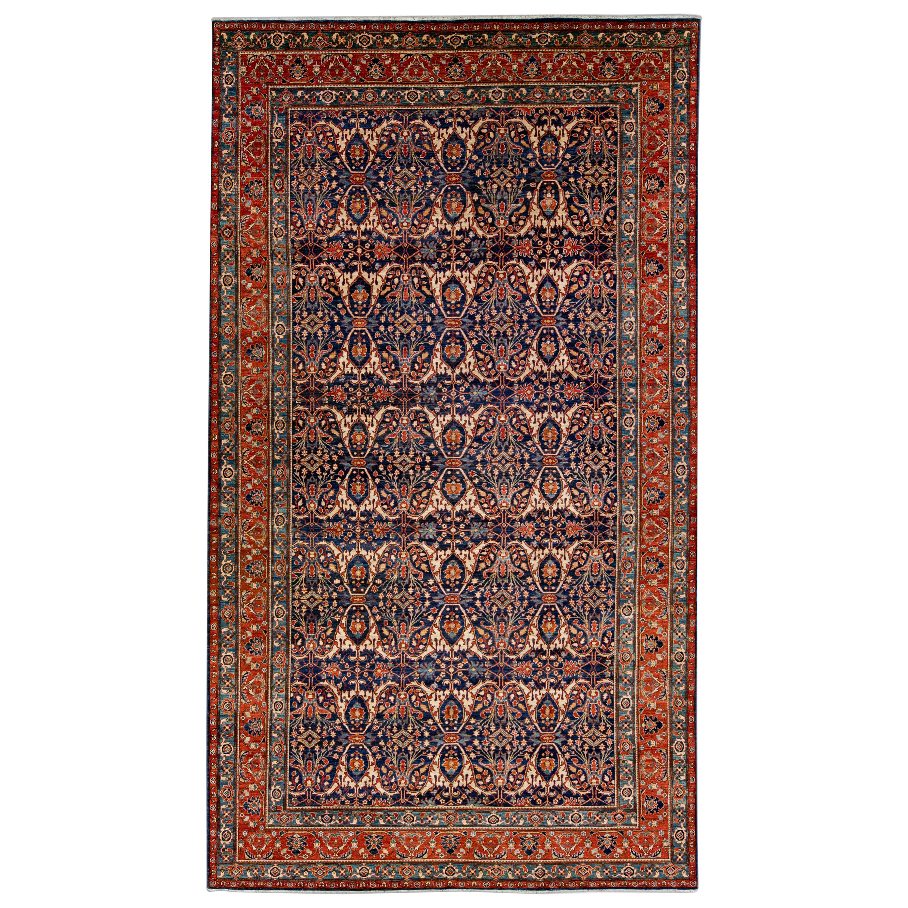 Modern Bidjar Style Handmade Dark Blue Wool Rug With Allover Motif For