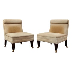 Pair of George Smith Slipper Chairs with Rolled Backs on Casters
