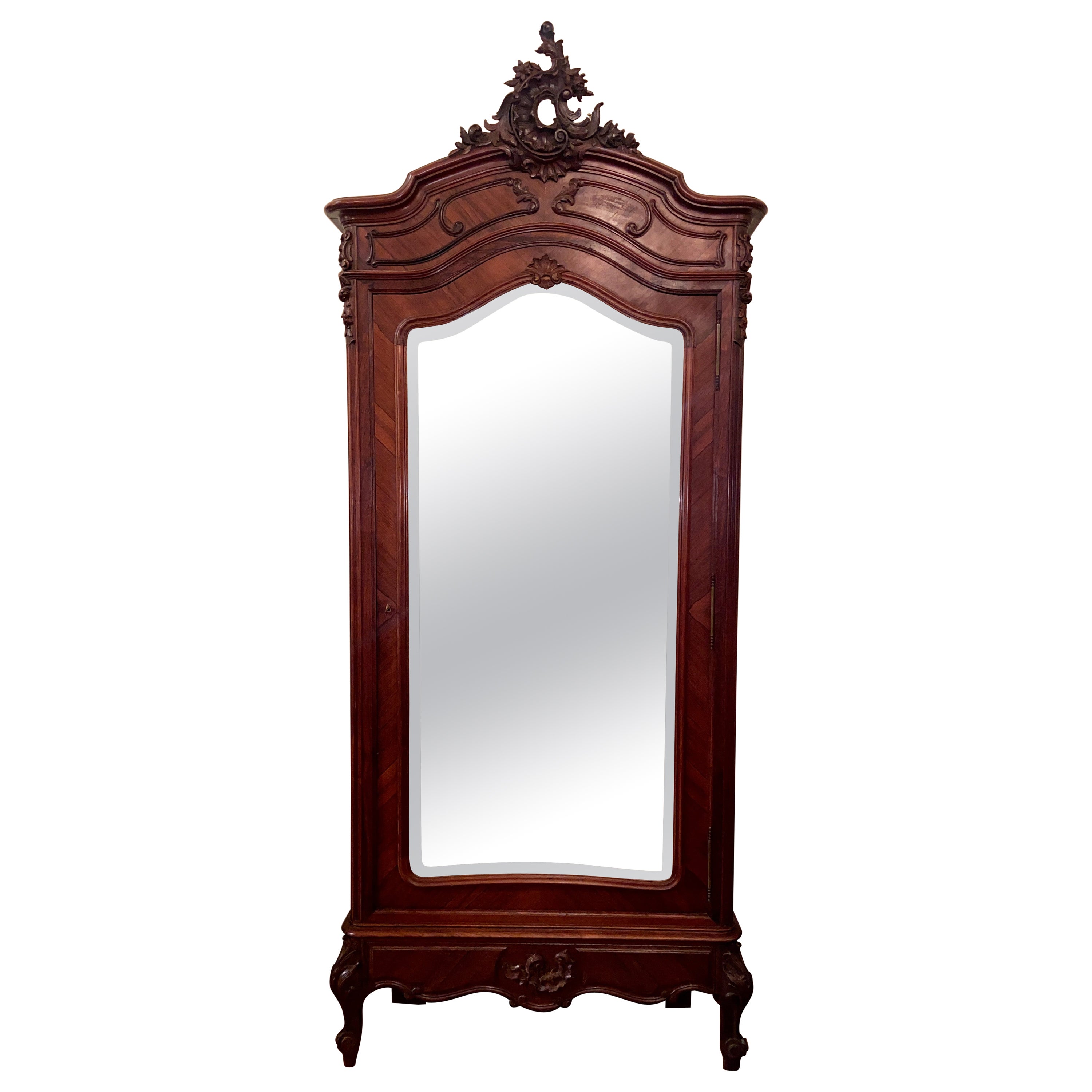 Antique French Rosewood Single Door Armoire with Beveled Mirror, circa 1880