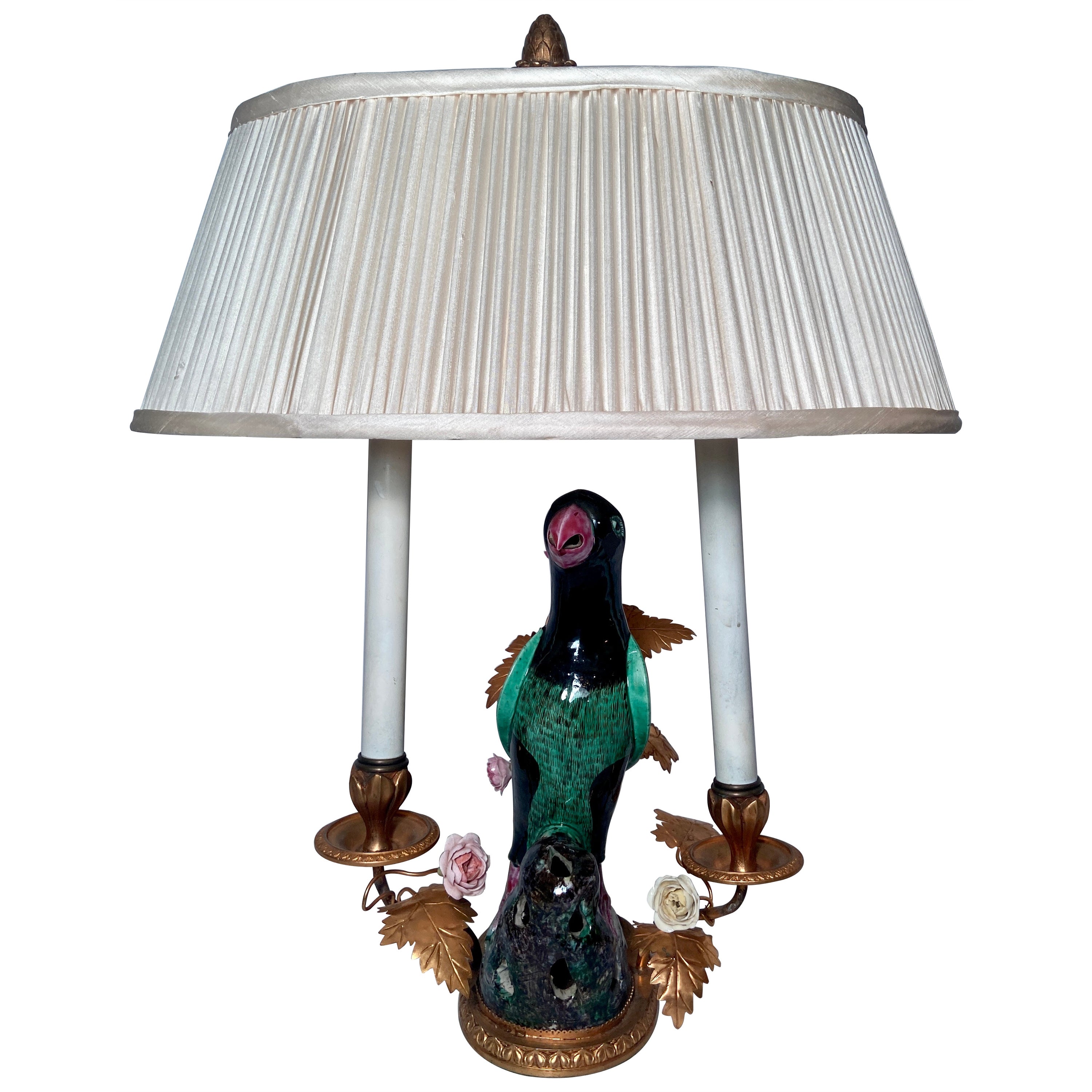 Antique French Gold Bronze Mounted Porcelain Parrot Lamp W/ Saxe Flowers Ca 1890 For Sale