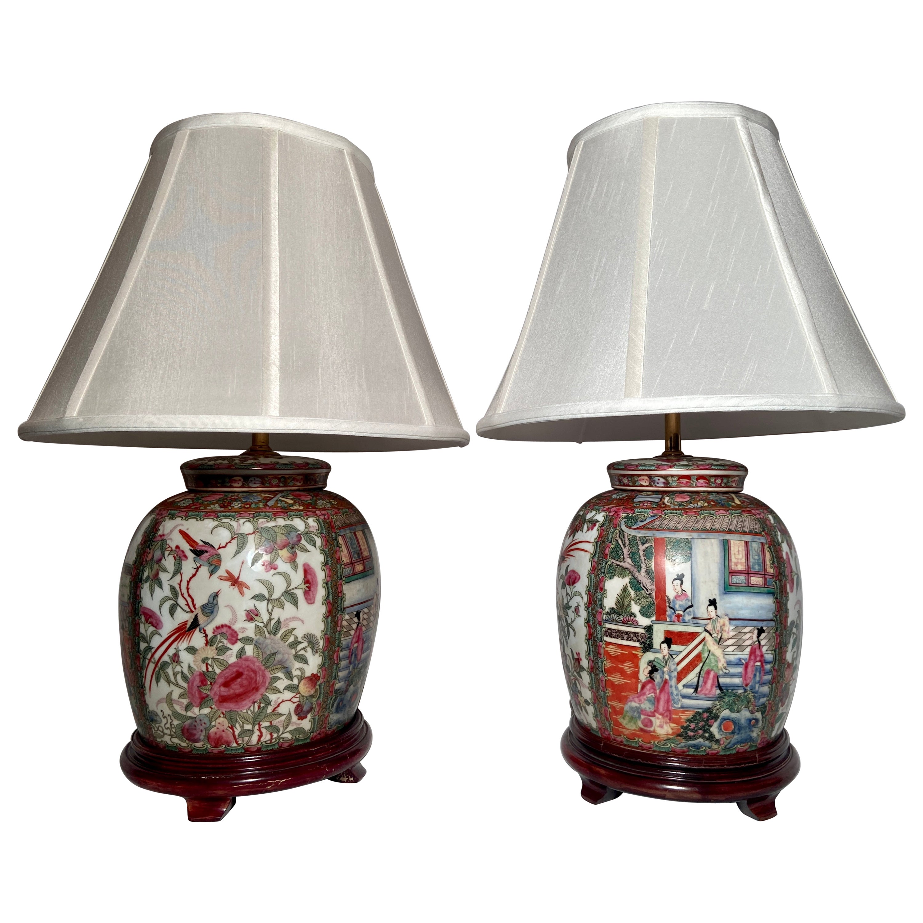 Pair Antique Chinese Famille Rose Porcelain Lamps, circa 1900-1920 For Sale